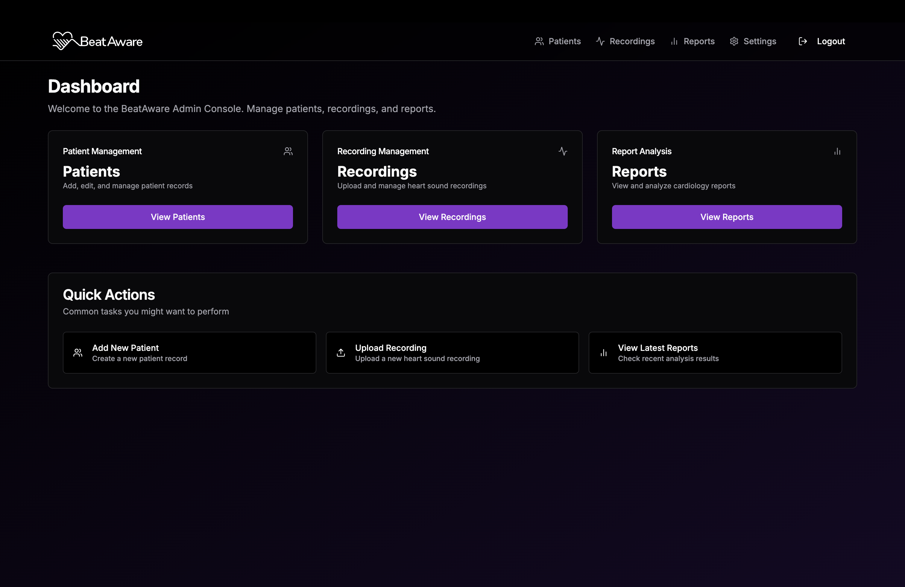 BeatAware Admin Console dashboard showing patient management, recording management, and report analysis